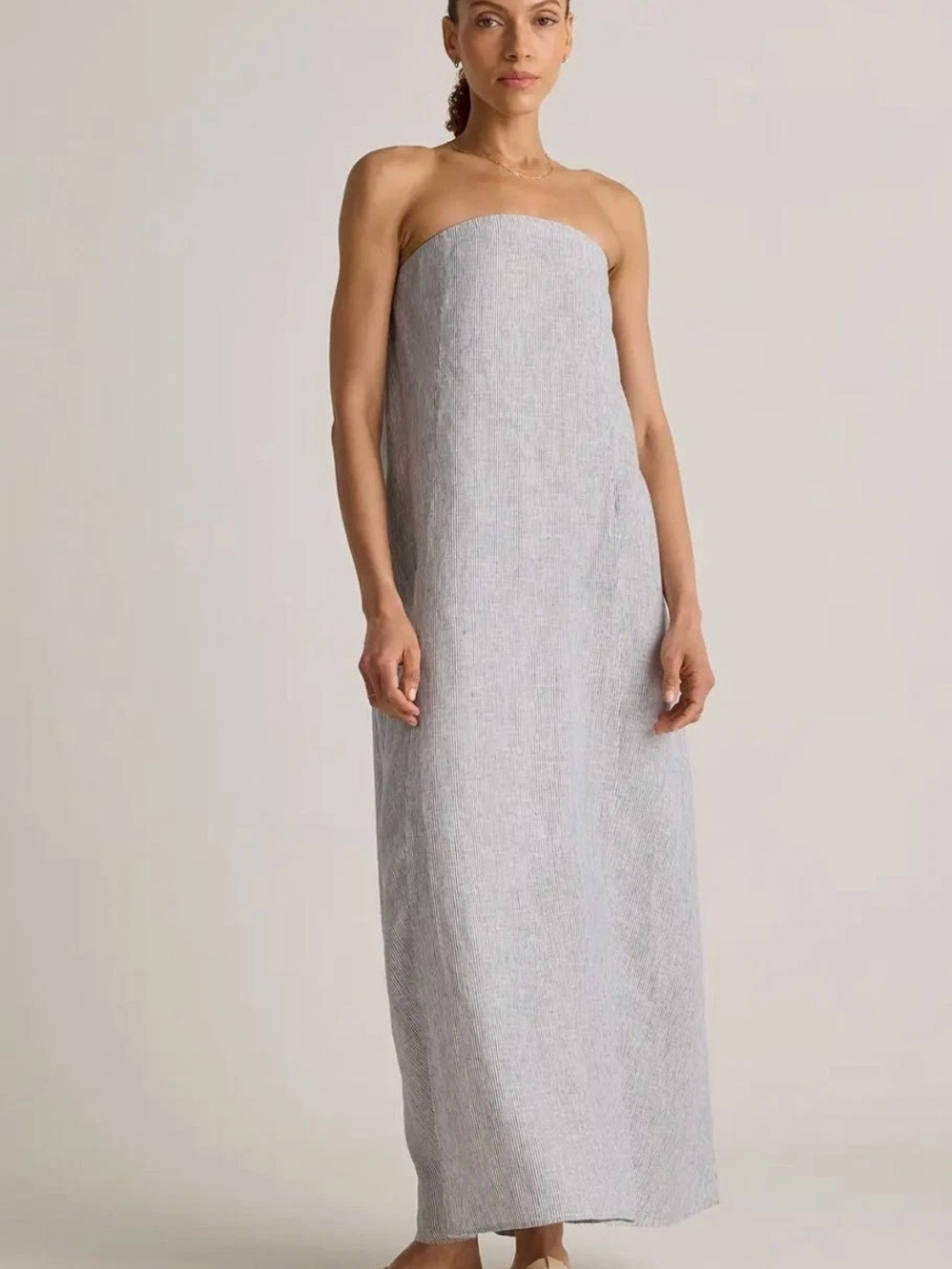 Quince 100% European Linen Strapless Maxi Dress Pockets Blue Pinstripe Sz M, NWT
